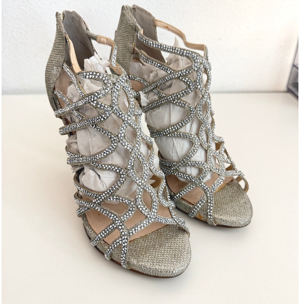 INC International Concepts Sharee 2 Rhinestone Cage Sandals Gold Heels 8.5M